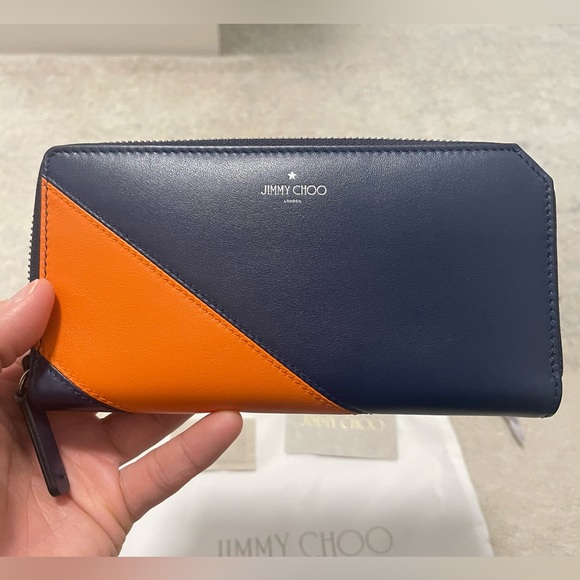 Like New Unisex Jimmy Choo Zip-around Leather Continental Wallet In Navy/Orange - Picture 8 of 14